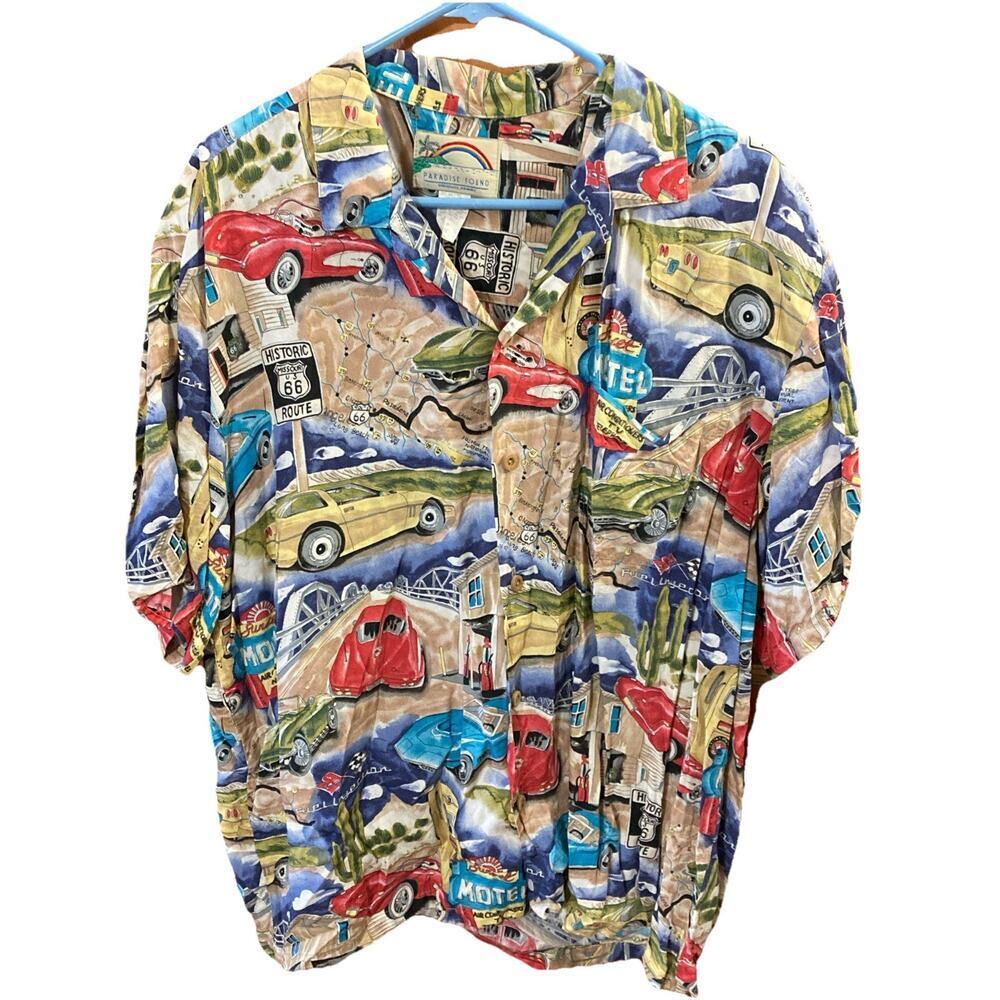 Paradise Found Mens Hawaiian Shirt Route 66 Sz XL Vtg Cars Fuel Injection Desert